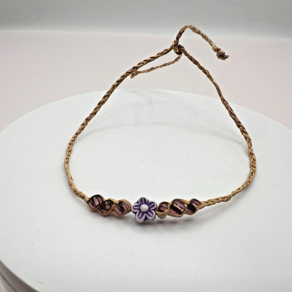 Vintage Y2K Purple Glass Beads Fimo Flower Charm Braided Bracelet Jewelry